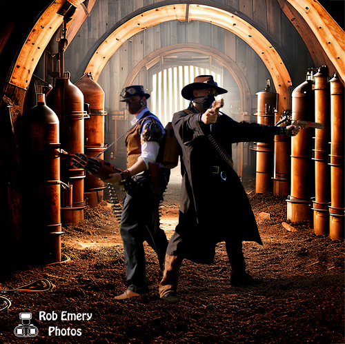 Steampunk cowboys searching a barn lab